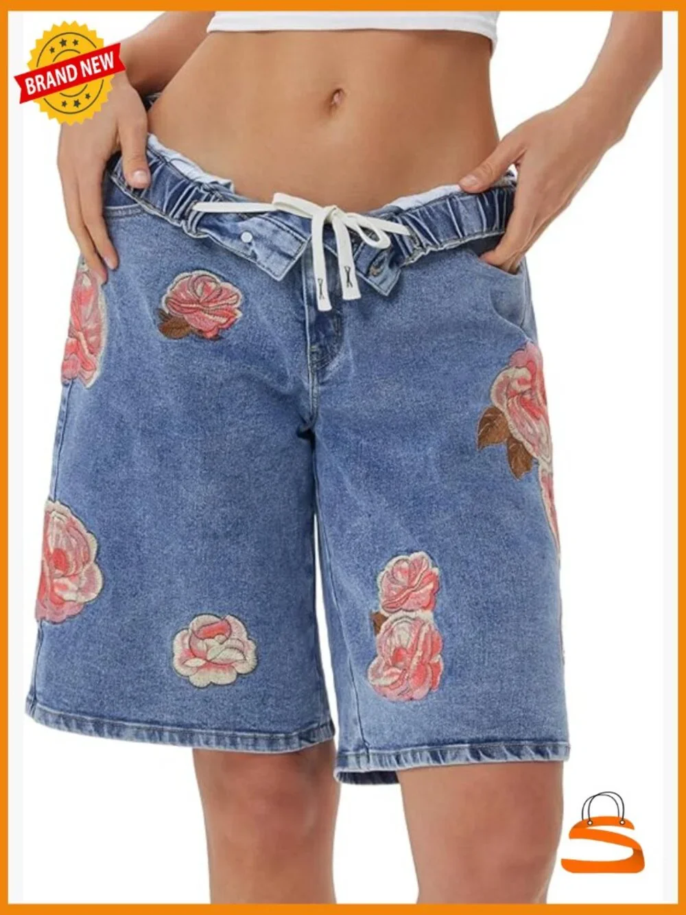 Bermuda Jean Shorts Mid Rise Baggy Stretchy Embroidered Jorts with Pockets